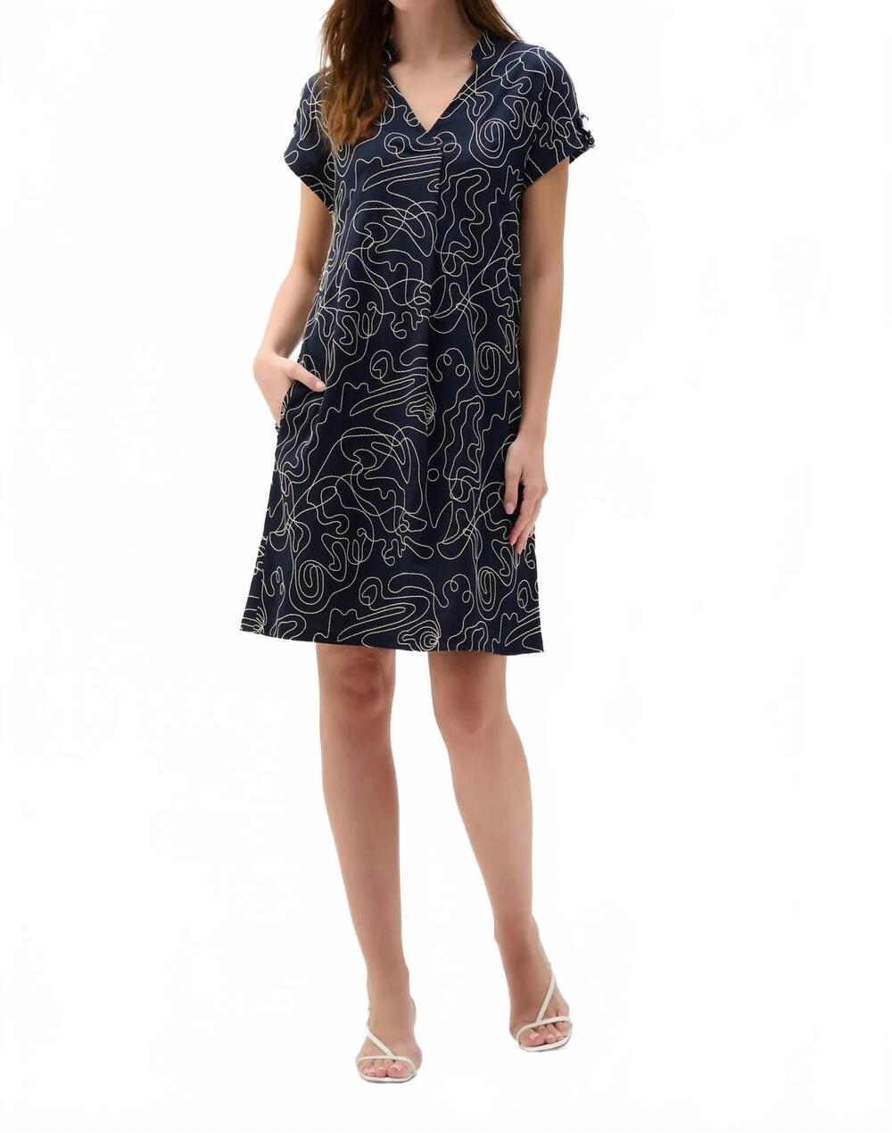 NEW JOSEPH RIBKOFF abstract print trapeze dress in navy/off-white